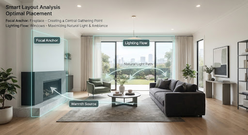 Living room with AI-highlighted focal points.